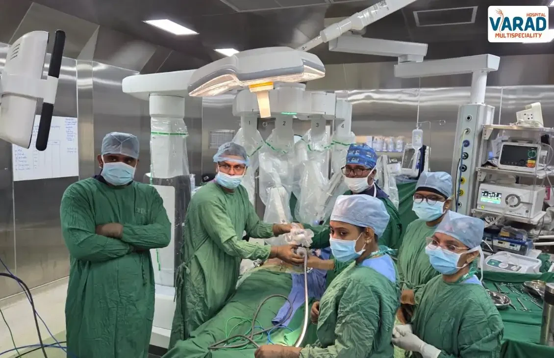 Dr. Vinayak Checking Final setup of Robotic Cholecystectomy with other staff.